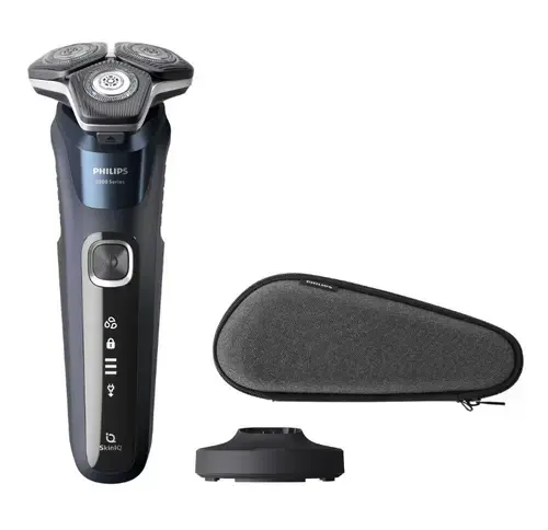 Aparat de barbierit Philips Shaver Seria 5000 S5885/35, Umed/uscat, Tehnologie SkinIQ, Capete flexibile 360°, Display LED, Senzor Power Adapt, Autonomie 60 min (Negru/Albastru)