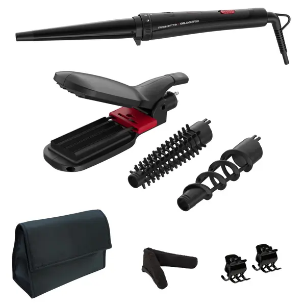 Aparat de coafat 9 in 1 Rowenta x Karl Lagerfeld Infinite Looks CF422LF0, 48 W, temperatura maxima 190 °C, 9 accesorii, invelis ceramic, cablu rotativ, varf rece, negru & rosu