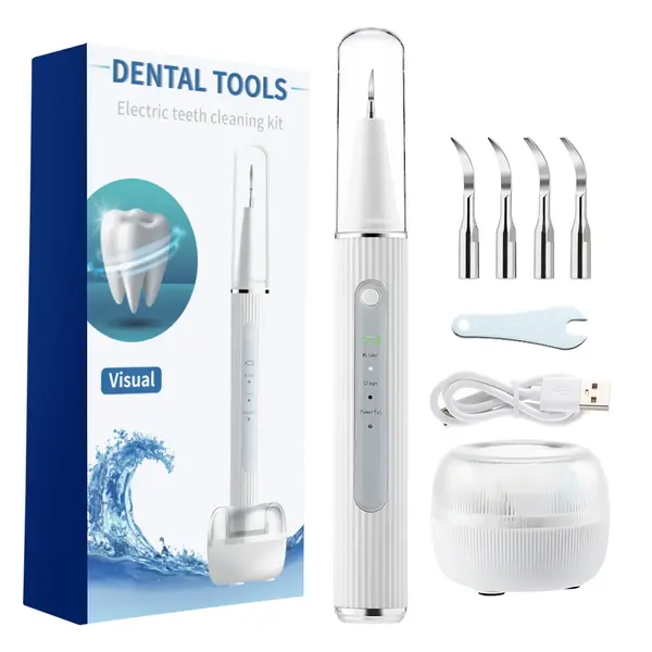Aparat de Detartraj cu Ultrasunete BIRAI® – Cameră HD, 4 Capete, Încărcare Wireless, 3 Moduri de Curățare, Alb, Îndepărtare Tartru
