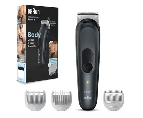 Aparat de ingrijire corporala Braun BG3340 cu Tehnologie Skinshield, 2 piepteni ficsi, 1 pieptene pentru zone sensibile, 1 incarcator (Negru/Gri)