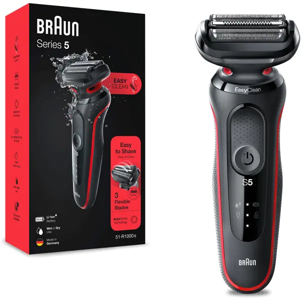 Aparat de ras electric Braun Series 5 51-R1000s WetDry, AutoSense, Easy Clean, Easy Click, 3 elemente de taiere, Rosu Negru