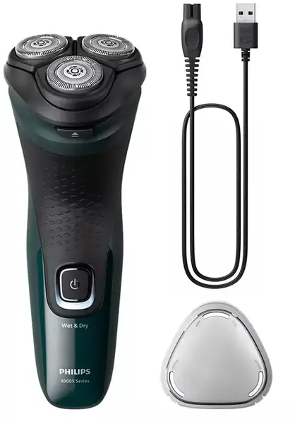 Aparat de ras electric Philips X3002/00 Wet & Dry, 27 de lame, Autonomie 40 minute, Capete Flex 4D, Waterproof IPX7 (Negru/Verde)