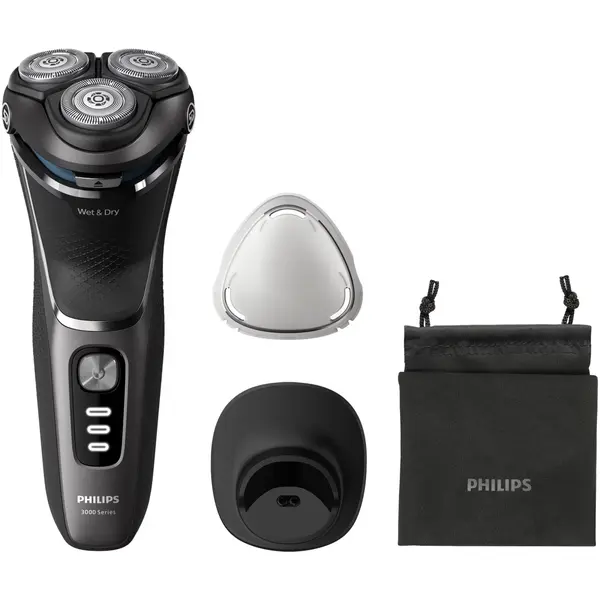 Aparat de ras PHILIPS Seria 3000 S3343 13, 3 capete rotative 5D Flex, ras umeduscat, trimmer pop-up pentru perciuni cioc, autonomie 60 min 1h