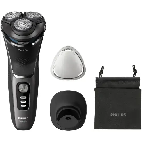 Aparat de ras Philips Shaver Seria 3000 S3343/13, barbierit umed şi uscat, fara fir, capete 5D pivotante si flexibile, lame autoascutire, 60 min, sistem de barbierire anticoroziune, capac de protectie, suport de incarcare (Negru)