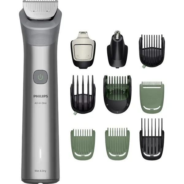 Aparat de tuns All-in-One Philips Seria 5000 MG5951/15, Acumulator, Umed si uscat, 0.5–16 mm, Autonomie 120 minute, Lame otel cu ascutire automata, Tehnologie BeardSense, Gri