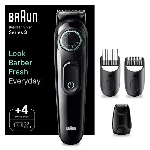 Aparat de tuns barba Braun BT3421, Autonomie 50 minute, 4 instrumente ingrijire, Buton rotativ de precizie (Negru/Verde)