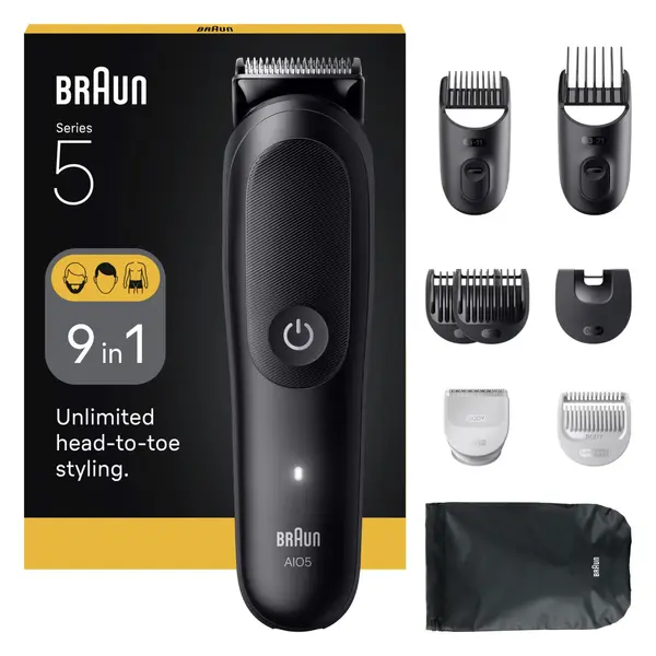 Aparat de tuns multifunctional Braun All-in-One Seria 5 AIO5540, 9-in-1, Lama ultra ascutita, 7 Piepteni,1 Perie curatare,1 Pieptene SkinGuard pentru