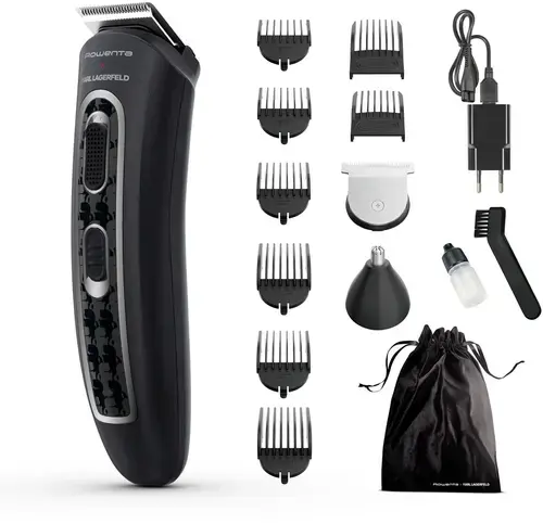 Aparat de tuns multifunctional Rowenta x Karl Lagerfeld Trim & Style 12 in 1 TN911LF0, Tehnologia Wet & Dry, Autonomie pana la 120 minute, Accesoriu pentru nas si urechi, Rezistent la apa (Negru/Rosu)