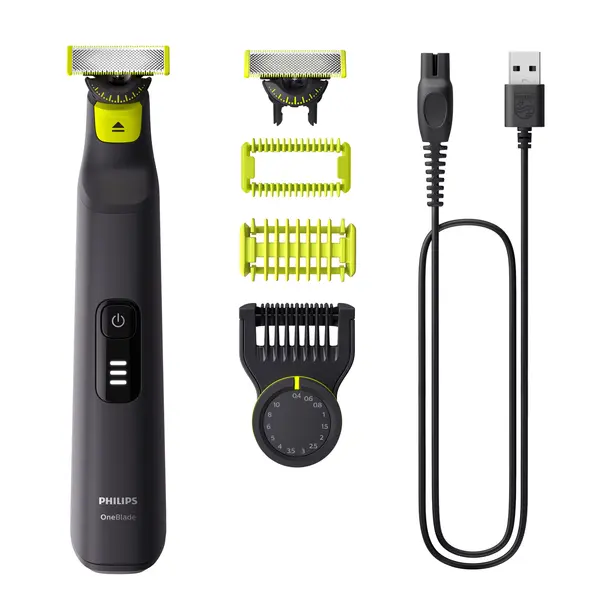 Aparat de tuns parul de pe fata si corp, Philips OneBlade Pro QP6542/15, Acumulator, Autonomie 90 min., Lungime 0.2-10 mm, Negru