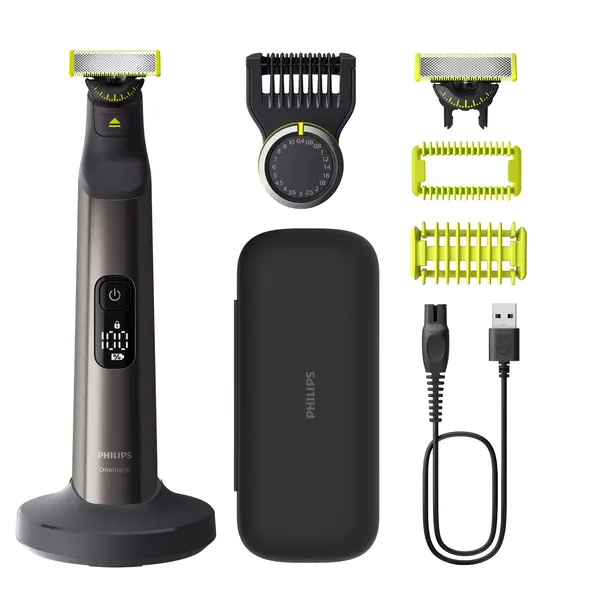 Aparat de tuns parul de pe fata si corp, Philips OneBlade Pro QP6652/61, Acumulator, Autonomie 120 min., Lungime 0.2-10 mm, Crom