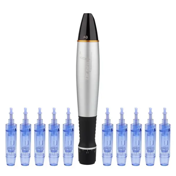 Aparat masaj facial, Dermapen, 10 capete rezerva cu 12 ace din titan, Dr.Pen Ultima A1-C, Pentru regenerarea pielii, Negru/Gri