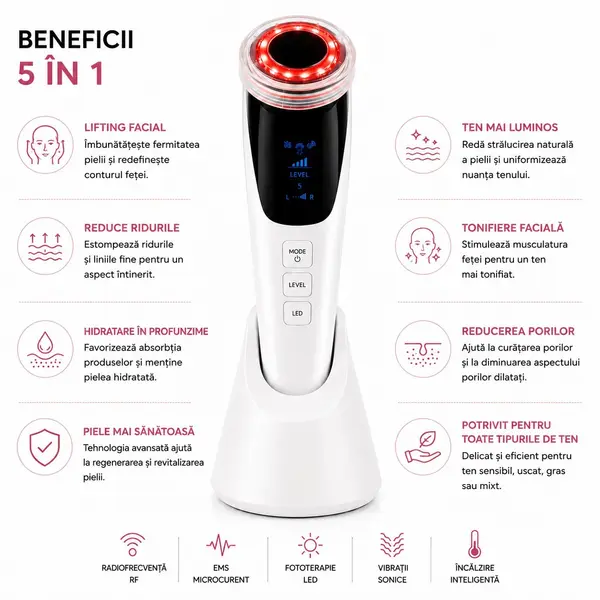 Aparat Profesional pentru Lifting Facial NewEvo RF Beauty Pro 5 in 1, Radiofrecventa RF, EMS Microcurrent, Terapie LED, Incalzire, Vibratii Sonice,