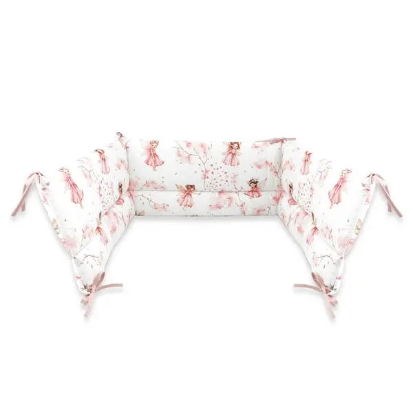 Aparatoare pentru patut, Qmini, Din bumbac certificat Oeko Tex Standard 100, 180x30 cm, Cu panglici, Fairy Pink