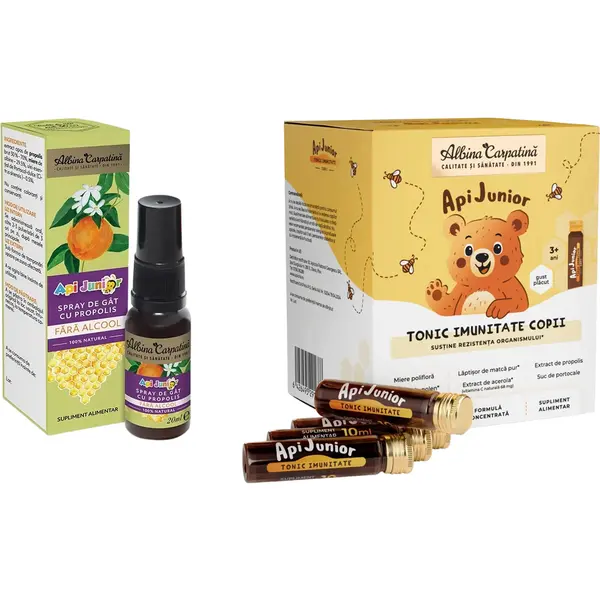 Apijunior Tonic Imunitate pentru Copii 20 fiole x 10ml + Apijunior Spray de Gat cu Propolis fara Alcool 20ml