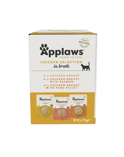 APPLAWS Hrană umedă complementară pentru pisici, multipack 12 x 70 g, mix de arome cu pui în bulion, în plicuri