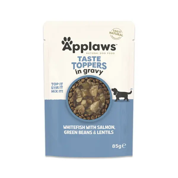 APPLAWS Taste Toppers, XS-XL, Pește alb și Somon, plic hrană umedă fără cereale câini, (în sos), 85g