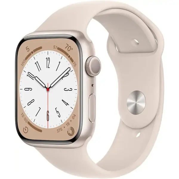 Apple Apple Watch Series 8 GPS 45 mm, carcasa din aluminiu cu bratara Sport Starlight - M/L, Starlight, Bej