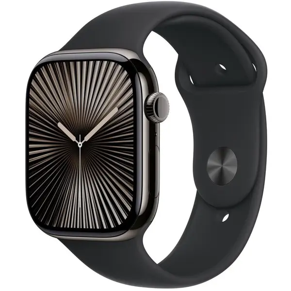 Apple Ceas inteligent Apple Watch Series 10, GPS + Cellular, 46mm, Carcaza din titan Ardezie, Curea sport neagra, Masura S/M