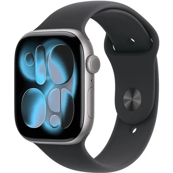 Apple Ceas inteligent Apple Watch Series 11, GPS, 42mm, Carcasa din aluminiu Gri spatial, Curea sport Neagra, Masura S/M