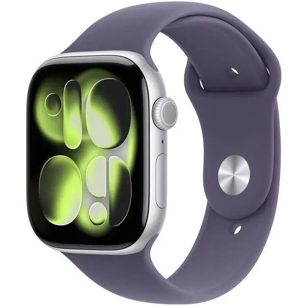 Apple Ceas inteligent Apple Watch Series 11, GPS + Cellular ,46mm, Carcasa din aluminiu argintie, Curea sport mov, Masura M/L