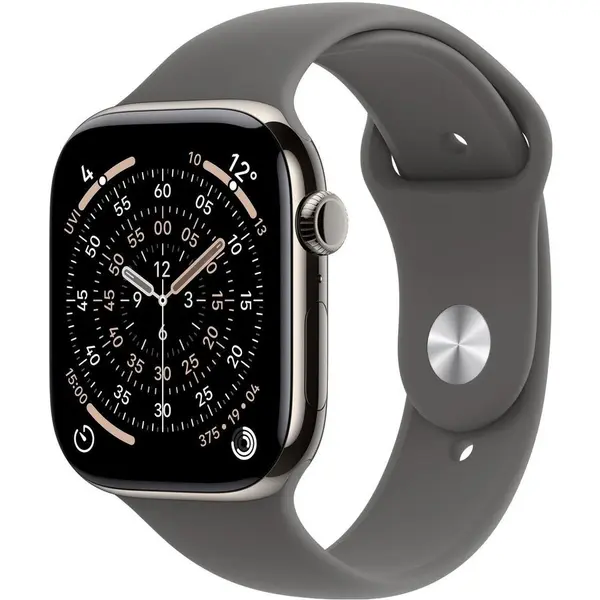 Apple Ceas inteligent Apple Watch Series 11, GPS + Cellular 46mm, Carcasa din titaniu, Curea sport, Masura S/M, Gri piatra