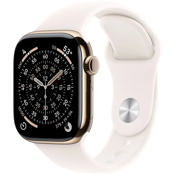 Apple Watch Series 11, GPS + Cellular, 42mm, Gold Titanium Case, Light Blush Sport Band, M/L