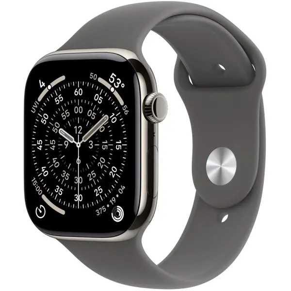 Apple Watch Series 11, GPS + Cellular, 42mm, Natural Titanium Case, Stone Grey Sport Band, M/L