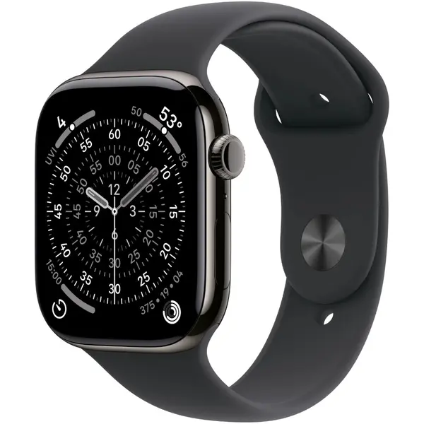 Apple Watch Series 11, GPS + Cellular, 42mm, Slate Titanium Case, Black Sport Band, M/L