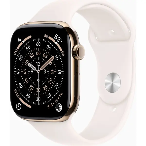 Apple Watch Series 11, GPS + Cellular, 46mm, Gold Titanium Case, Light Blush Sport Band, M/L