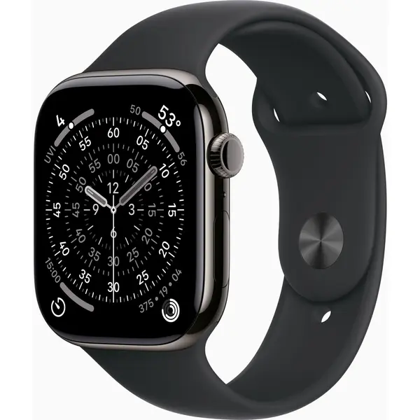 Apple Watch Series 11, GPS + Cellular, 46mm, Slate Titanium Case, Black Sport Band, M/L