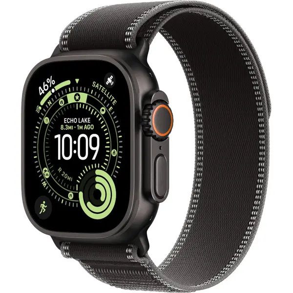Apple Watch Ultra 3, GPS + Cellular, 49mm, Black Titanium Case, Black/Charcoal Trail Loop, S/M