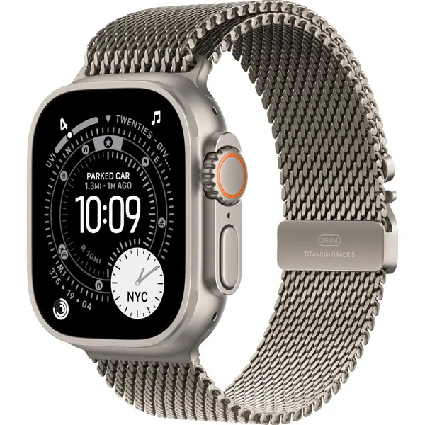 Apple Watch Ultra 3, GPS + Cellular, 49mm, Natural Titanium Case, Titanium Milanese Loop, Large
