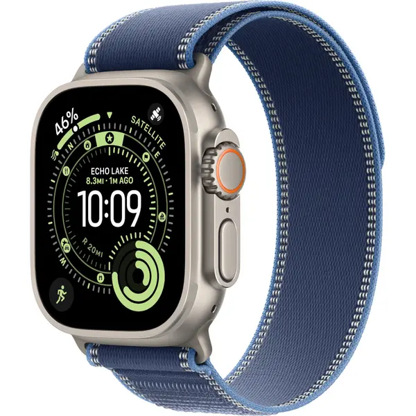 Apple Watch Ultra 3, GPS + Cellular, 49mm, Natural Titanium Case, Blue/Bright Blue Trail Loop, S/M
