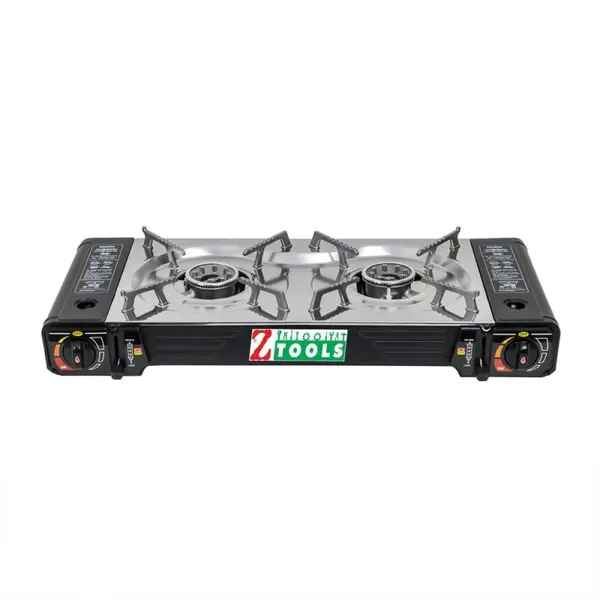 Aragaz Camping cu 2 Ochiuri, Aprindere Electrica, Lungime 62 cm, din Inox, cu Cutie de Transport