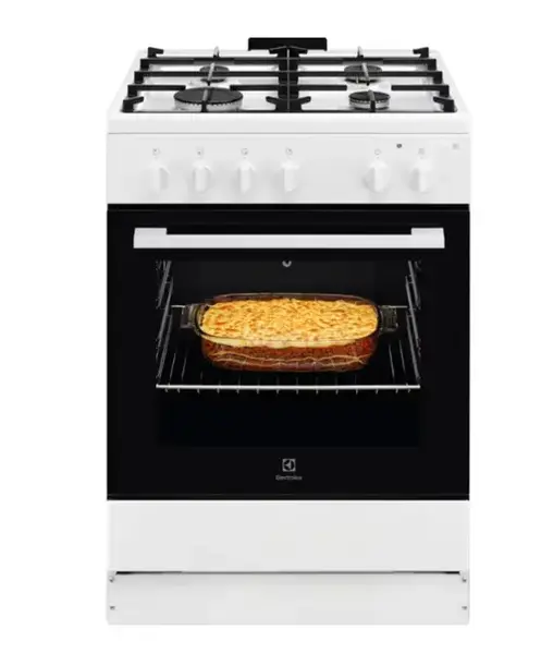 Aragaz Electrolux LKG604014W, GAz, 4 arzatoare, Clasa A, Gratare fonta, Siguranta plita+cuptor, Autocuratare catalitica, Grill electric, Rotisor, Iluminare cuptor, Volum 59 l (Alb)