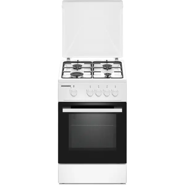Aragaz Heinner HFSC-K50WH, Gaz, 4 zone de gatit, Gratar Email, Siguranta flacara, Geam dublu, Alb