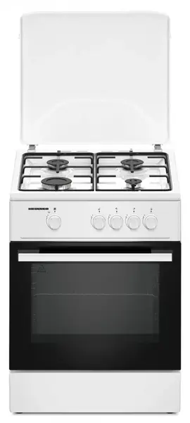 Aragaz HEINNER HFSC-K6060WH, Gaz, 4 arzatoare, Aprindere electrica plita, Duze GPL incluse, Tava si gratar cromat, 60cm (Alb)