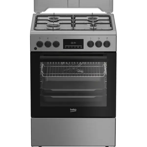 Aragaz mixt Beko FBSM62320TXD, 4 arzatoare, Iluminare cuptor, Aprindere electrica, 72 l, SteamShine Cleaning, Argintiu, Clasa A