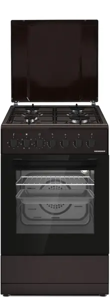 Aragaz mixt HEINNER HFSC-S60LITGC-BRW, Gaz, 4 arzatoare, Aprindere electrica plita, Cuptor electric, Clasa A, 6 functii, Grill, Ventilatie, Lumina cuptor (Maro)