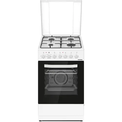 Aragaz mixt Heinner HFSC-S60LITGC-WH, 4 arzatoare, Aprindere electrica plita, cuptor electric, Clasa A, Timer, Grill, Ventilatie, Sertar inferior vase, 50x60cm (Alb)