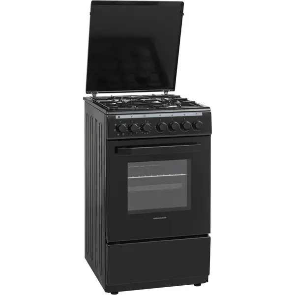 Aragaz mixt Heinner HFSC-V60LITGC-BK, 4 arzatoare, Aprindere electrica plita, Cuptor electric, 6 functii, Timer, Grill, Negru