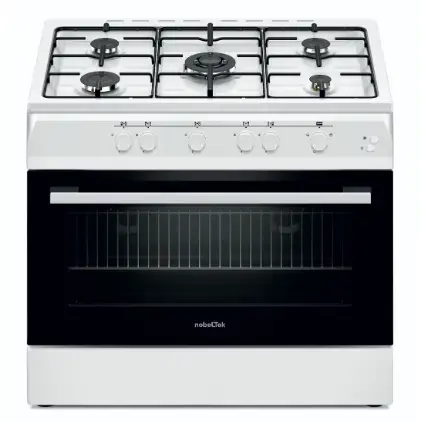 Aragaz Nobeltek NLT 6903A/G1, plta gaz cu 5 ochiuri (arzator mare triplu), cuptor gaz, aprindere electrica, grill, iluminare cuptor, echipat cu diuze GN, diuze GPL de schimb, 60x90cm (Alb)
