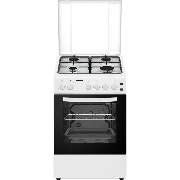 Aragaz pe gaz Heinner HFSC-S50LITGWH, 4 arzatoare, Timer, Lumina cuptor, Alb