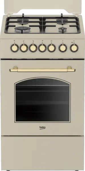Aragaz rustic mixt Beko FSE52135DCRSN, Gaz+Electric, 4 arzatoare, Aprindere electrica, Booster, Cuptore electric cu 6 functii, Grill, Rotisor, Iluminare, Timer (Crem)