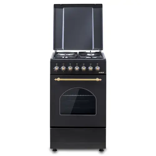 Aragaz Rustic SAMUS SR550EL3B1, Gaz+Electric, Aprindere electrica, 3 arzatoare gaz + 1 electric, Cuptor electric 48 l, 3 functii, Timer mecanic (Negru)