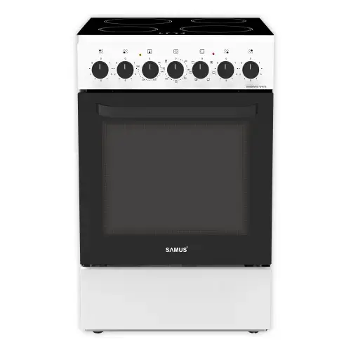 Aragaz Samus SM568VME, 60 l, 7 functii, Clasa A, Lumina interioara, Timer mecanic, 4 zone de gatit vitroceramice, Cuptor cu 7 functii (Alb)