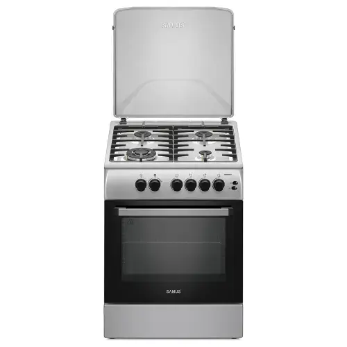Aragaz SAMUS SM664XPGS1, Gaz, 4 arzatoare, Wok, Cuptor pe gaz, Grill, Aprindere electrica plita, Sigurante plita+cuptor, Timer (Inox/Argintiu)