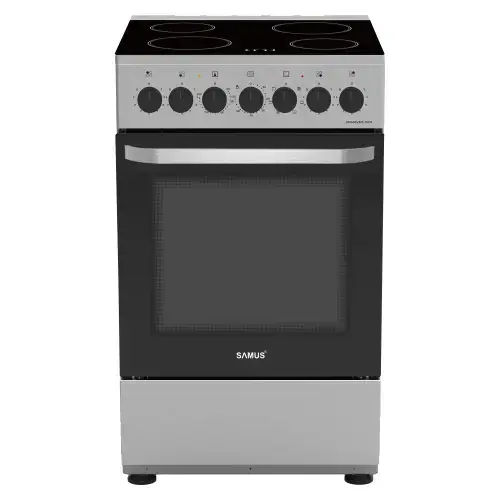 Aragaz Samus SM668VME, Electric, 4 zone de gatit vitroceramice, 60 l, Timer mecanic, Termostat reglabil, 7 functii cuptor (Inox)