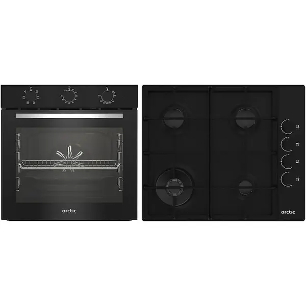 Arctic Pachet Cuptor incorporabil Arctic ARSE11130BD, 71 l, Electric, 6 functii, AquaDropClean, Grill, Timer, Clasa A + Plita incorporabila, Gaz, 4 Arzatoare, Aprindere electrica, Wok, 60 cm, Negru