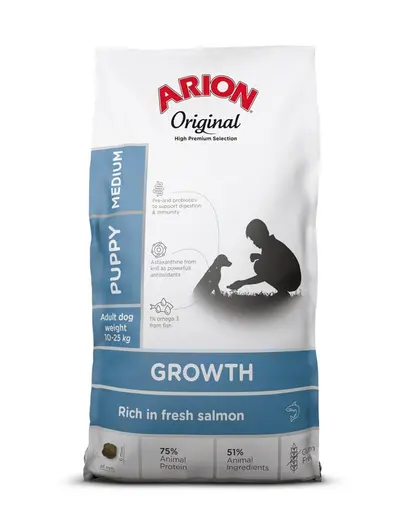 ARION Original Growth Puppy Medium Salmon Rice 12 kg catei talie medie, hrana cu somon